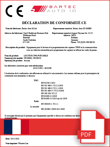 Declaration of Conformity TECH600 & TECH450 - CE - French