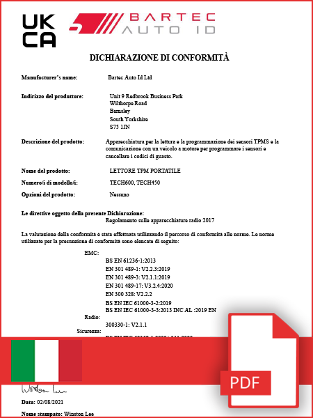 Declaration of Conformity TECH600 & TECH450 - UKCA - Italian