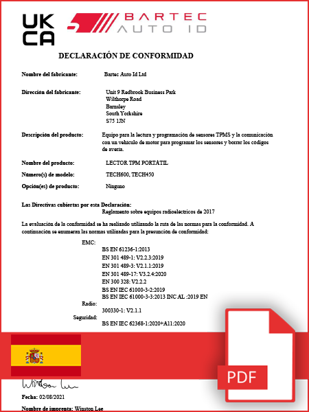 Declaration of Conformity TECH600 & TECH450 - UKCA - Spanish